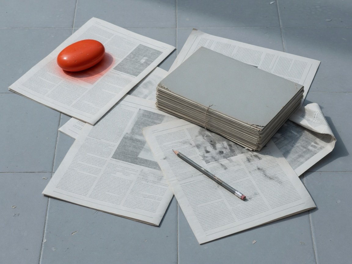 Printed pages and a pencil on ceramic tile